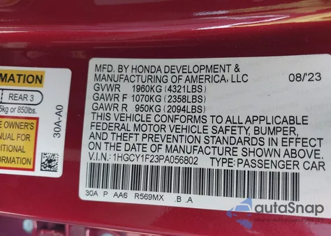 2023 Honda Accord Lx из США, поврежденный, VIN 1HGCY1F23PA056802